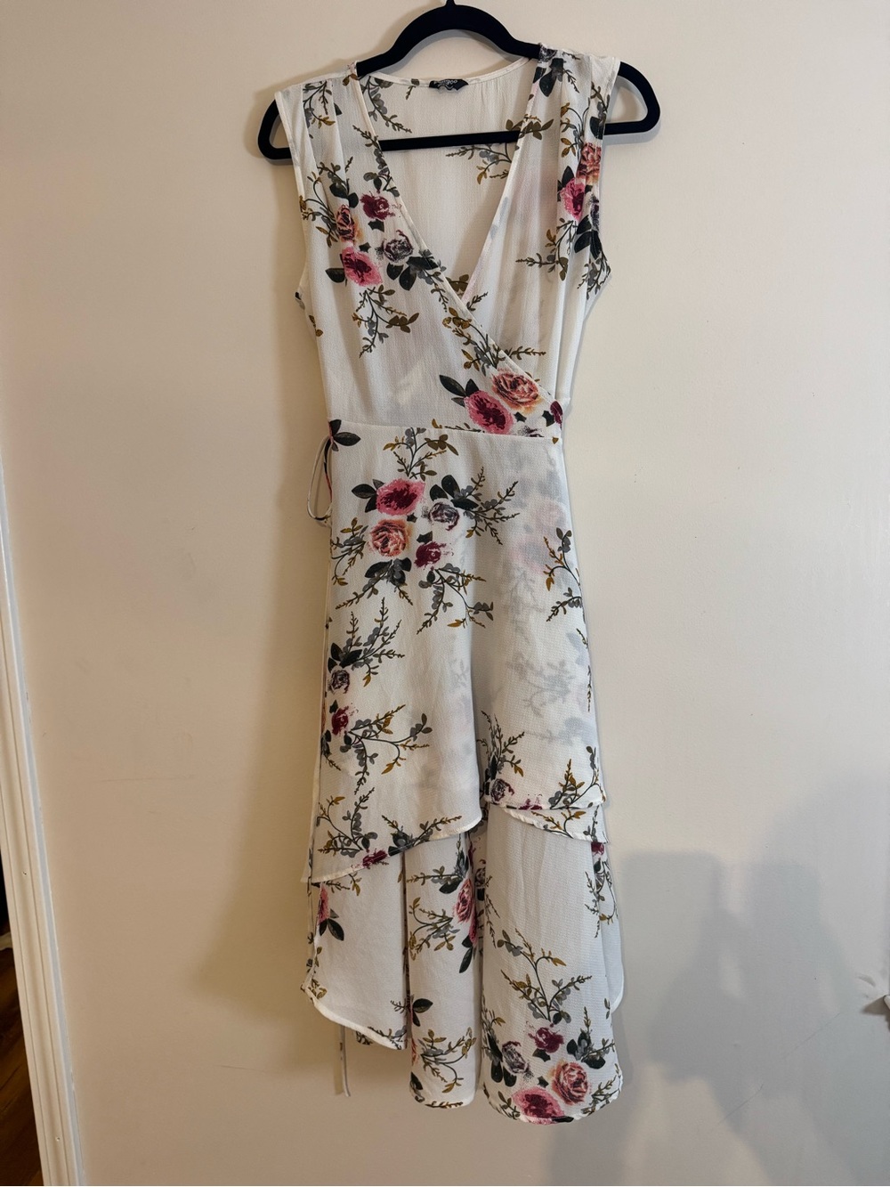 zeagoo Ivory Floral High-Low Wrap Dress with Pink Roses